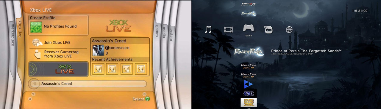 Sulla sinistra, le blade della prima Xbox 360. Sulla destra, la crossmedia bar di PS3