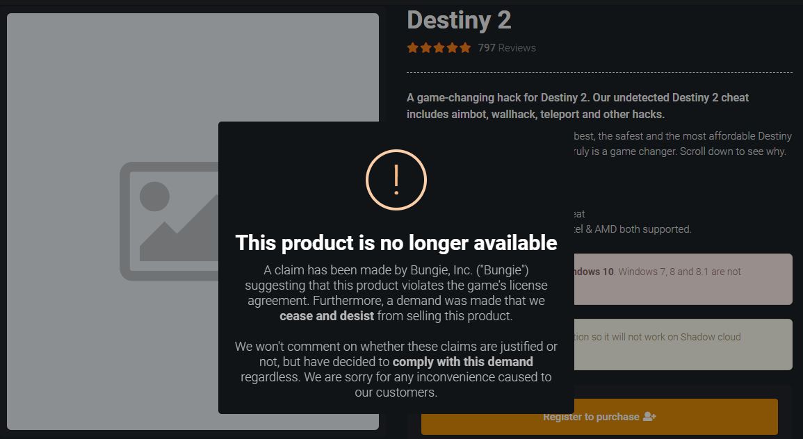Bungie è infatti riuscita a impedire la vendita di un cheat per Destiny 2 che permetteva ai cheater di vedere gli avversari attraverso i muri.