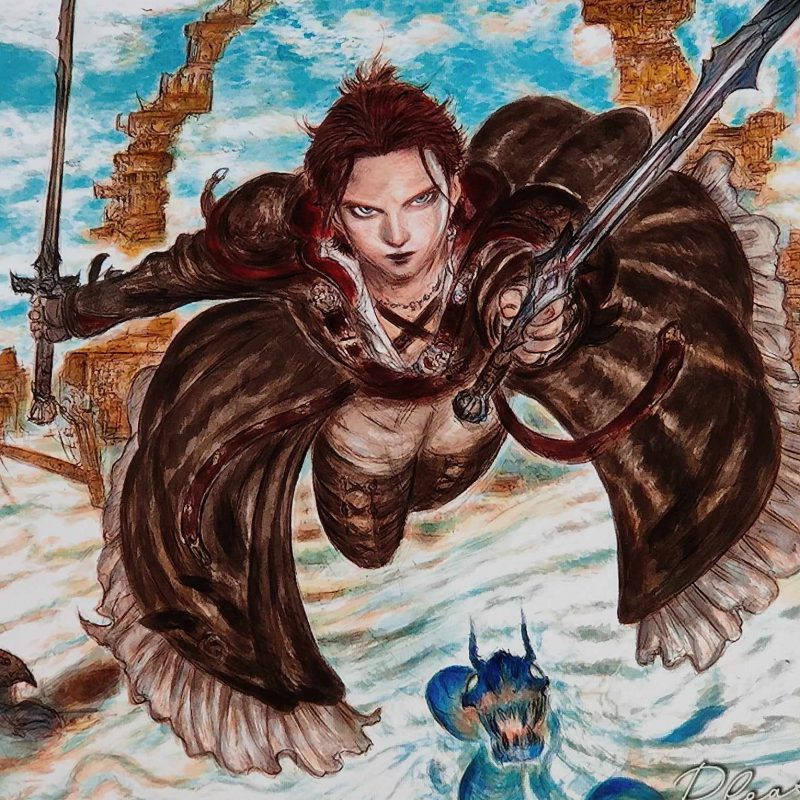 Final Fantasy XIV Downtrail artwork di Yoshitaka Amano 